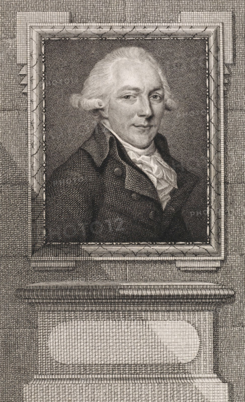 Portrait of George Hendrik de Wilde, print, Portrait of Lieutenant Colonel George Hendrik de Wilde., printmaker: Reinier Vinkeles (I), Amsterdam, after painting by Monogrammist LG (inventor), 1796, paper, etching, engraving, height 235 mm x width 155 mm, Later state print also used as book illustration in: Wagenaar, Jan. Vaderlandsche historie, ten vervolge van Wagenaars Vaderlandsche historie. Vol. 1-43. Amsterdam: Johannes Allart, 1786-1809., Person, George Hendrik de Wilde, A framed engraved portrait of a man shown from the chest up, set within an ornate rectangular frame on a textured background. The man has light-colored hair styled back with curled sides, a composed facial expression with eyes looking slightly to the viewer's left, and a high collar with a ruffled cravat beneath a dark coat with visible lapels and buttons. The frame features detailed border patterns and rests on a ledge or plinth with a recessed panel beneath, all rendered with fine crosshatching and line work.