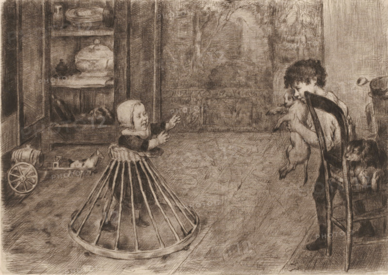 Playing children of the artist, print, In an interior, the artist's daughter takes her first steps. Opposite her stands her brother with a puppy in his arms., printmaker: Marcellin Gilbert Desboutin, 1879, Marcellin Gilbert Desboutin, printmaker, paper, drypoint, intaglio printmaking technique, height 199 mm x width 279 mm, child playing with animals, learning to walk, the first steps, A sepia-toned drawing of an interior scene showing a small child wearing a bonnet and a dress framed by a circular wooden skirt frame, reaching toward a slightly older child who sits on a wooden chair holding a small dog up at face level, another dog resting on the chair beside the seated child, a wooden cart with a wheel and small toy animals on the floor near a shelving unit filled with pottery and dishes, textured walls and floor, and various household objects arranged in the background.
