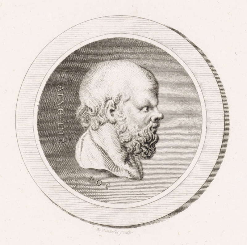 Medallion with the portrait of the philosopher Socrates, print, printmaker: Reinier Vinkeles (I), Amsterdam, 1800, paper, etching, engraving, height 240 mm x width 160 mm, Later state print used as title page for: Xénophon. Memorable Conversations of Socrates. Haarlem: Adriaan Pietersz. Loosjes, 1800., Person, Socrates, A monochrome engraved profile of an older bearded man facing right inside a lined oval medallion, showing his balding head, curled hair at the back, pronounced brow, hooked nose, and long curly beard, with textured shading on his skin and cloak and concentric lined borders surrounding the medallion.