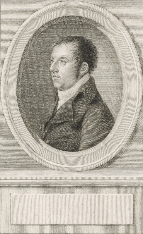 Portrait of Rutger Jan Schimmelpenninck, print, statesman in the Batavian Republic., poem: 'nine-line poem in French signed by A...eron de Bosch', printmaker: Reinier Vinkeles (I), Amsterdam, after drawing by Jacques Kuyper, writer (clerical worker): Jeronimo de Bosch, 1805, writer (clerical worker), paper, pencil, etching, engraving, engraving and pencil, proof print, height 244 mm x width 151 mm, Later state print also used as book illustration in: Wagenaar, Jan. Vaderlandsche historie, as a continuation of Wagenaar's Vaderlandsche historie. 43 vols. Amsterdam: Johannes Allart, vol. 35., Person, Rutger Jan Schimmelpenninck (1761-1825), A framed oval engraving of a man shown in profile facing left, depicted from the chest up with short curly hair, sideburns, and a smooth face; he wears a high-collared shirt and a dark coat with a wide lapel and visible buttons. The portrait sits within a textured oval border set against a background of closely spaced horizontal lines, and below the ov...