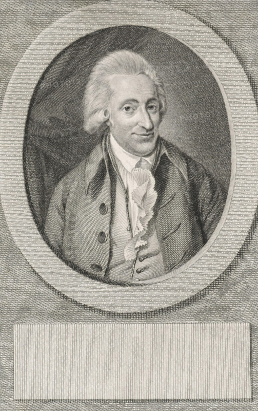 Portrait of Hendrik Albert Schultens, print, professor of Oriental languages., printmaker: Reinier Vinkeles (I), Amsterdam, after painting by Wybrand Hendriks, 1786 - 1809, paper, etching, engraving, height 233 mm x width 156 mm, Later state print also used as book illustration in: Wagenaar, Jan. Vaderlandsche historie, in continuation of Wagenaar's Vaderlandsche historie. Vol. 1-43. Amsterdam: Johannes Allart, 1786-1809., Person, Hendrik Albert Schultens, An engraved oval portrait of a man shown from the chest up, set within a textured rectangular frame, depicting him with powdered hair swept back, a high-collared shirt with a ruffled cravat, a buttoned waistcoat, and an overcoat with visible buttons; fine line shading and crosshatching create facial features, hair texture, and clothing folds, while concentric patterned borders and lined background surround the oval and an empty rectangular panel sits below.