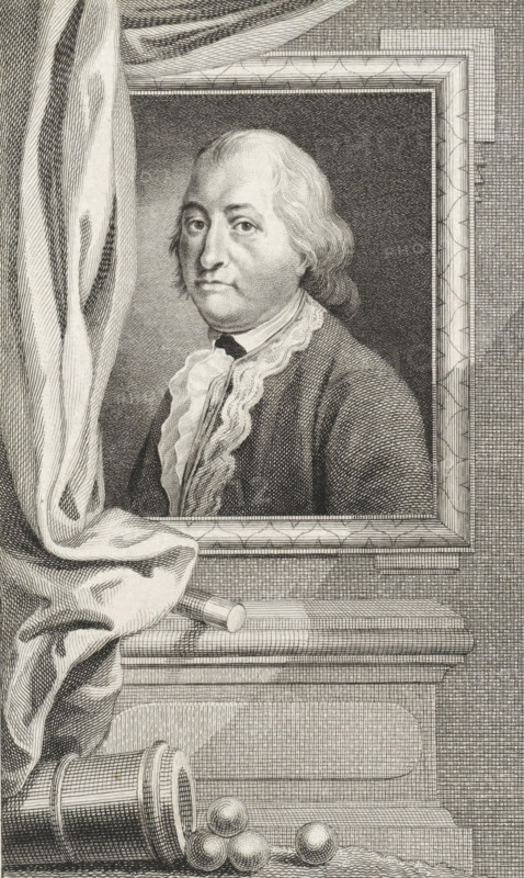Portrait of Albert van Ryssel, print, Portrait of Major General Albert van Ryssel. Below the portrait a command staff and a cannon with cannonballs., printmaker: Reinier Vinkeles (I), Amsterdam, 1793, paper, etching, engraving, height 235 mm x width 158 mm, Later state of the print used in: Wagenaar, Jan. Vaderlandsche historie, as a continuation of Wagenaar's Vaderlandsche historie. Amsterdam: Johannes Allart, vol. 11., Person, Albert van Ryssel, baton of general, firearms: cannon, A framed engraved portrait of a man with powdered hair and a calm expression is set within a bordered rectangular frame; he wears a dark coat and a light ruffled cravat. A draped curtain hangs to the left, partially covering the frame and pooling on a ledge beneath it. On the ledge a cylindrical container lies on its side with several round balls spilled out nearby, and a small baton-like object rests against the frame. The image is rendered in fine, closely spaced engraved lines and crosshatching, creating...