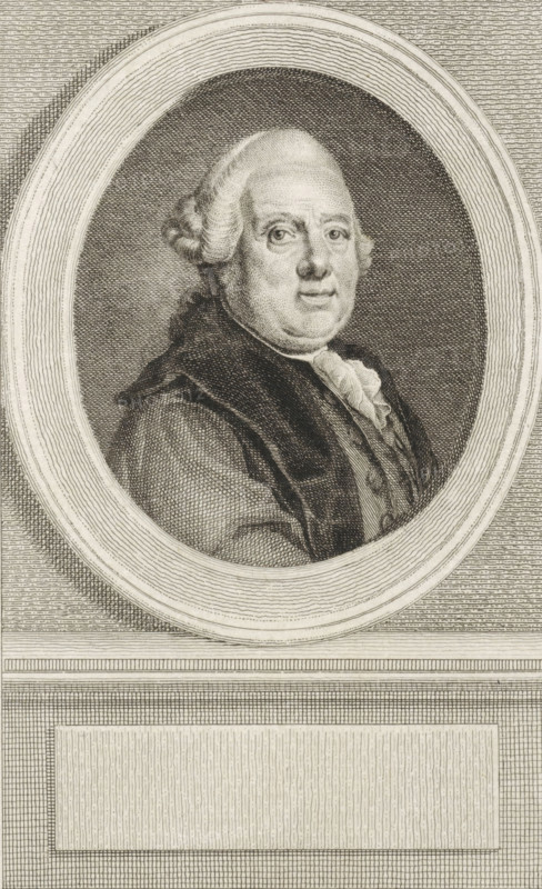 Portrait of David Ruhnken, print, Portrait of the German-Dutch classicist and philologist David Ruhnken., FMP 4599-e, printmaker: Reinier Vinkeles (I), Amsterdam, 1786 - 1809, paper, etching, engraving, height 251 mm x width 168 mm, Later state print also used as book illustration in: Wagenaar, Jan. Vaderlandsche historie, in continuation of Wagenaar's Vaderlandsche historie. Vol. 1-43. Amsterdam: Johannes Allart, 1786-1809., Person, David Ruhnken, A finely detailed oval framed engraving of a man shown from the chest up, facing slightly to the viewer's left, with powdered hair styled back and curled at the sides, a round face, and a calm expression; he wears layered clothing including a dark cloak or coat over a lighter garment and a ruffled neckcloth, all rendered with dense linear shading; the oval portrait sits within a textured rectangular background with horizontal and vertical line patterns and a blank rectangular panel below the oval.