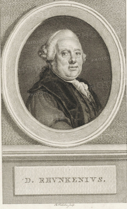 Portrait of David Ruhnken, print, Portrait of the German-Dutch classicist and philologist David Ruhnken., printmaker: Reinier Vinkeles (I), Amsterdam, 1786 - 1809, paper, etching, engraving, height 236 mm x width 158 mm, Print also used as a book illustration in: Wagenaar, Jan. Vaderlandsche historie, as a continuation of Wagenaar's Vaderlandsche historie. Vol. 1-43. Amsterdam: Johannes Allart, 1786-1809., Person, David Ruhnken, An oval framed engraved portrait of a man shown from the chest up, with light-colored hair styled back and curled at the sides, wearing a dark coat over a lighter waistcoat and a ruffled neckcloth, the face rendered with fine etched shading and a calm, neutral expression, set against a densely hatched oval background and surrounded by a textured rectangular border that includes a recessed panel beneath the oval.