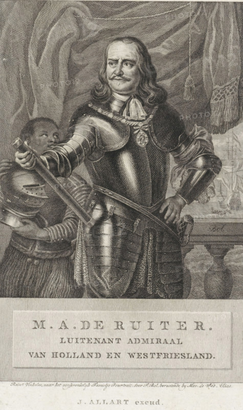 Portrait of Michiel Adriaenszoon de Ruyter, print, Portrait of Lieutenant Admiral Michiel Adriaenszoon de Ruyter, in armor and with a commander's staff in his hand. On the left, a servant with a helmet. On the right, a view of a sailing ship and a sloop., printmaker: Reinier Vinkeles (I), Amsterdam, after painting by Ferdinand Bol, publisher: Johannes Allart, 1773 - 1816, Reinier Vinkeles (I), Ferdinand Bol, Johannes Allart, printmaker, after painting by, publisher, paper, etching, engraving, etching and engraving, height 196 mm x width 116 mm, Person, Michiel Adriaenszoon de Ruyter, helmet, baton of general, armour, manservant, footman, A detailed engraved portrait of a man in polished plate armor with shoulder plates, a breastplate, and gauntlets, wearing a lace cravat and a medallion at his chest, standing with one hand on his hip and the other holding a baton or staff; his hair is shoulder-length and wavy, and he has a mustache and a small pointed beard. Behind him draped curtains ...
