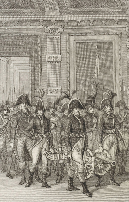 Return by the French of historical pieces from the Stadholder's collection to the States General, 1795, print, historical print, Ceremony with the return by the French, led by General JB Dumonceau, of five important historical pieces from the confiscated Stadholder's collection of William V. French soldiers carry the pieces into the Binnenhof for transfer to the States General, March 12, 1795., printmaker: Reinier Vinkeles (I), Amsterdam, in or before 1803, paper, etching, engraving, height 240 mm x width 159 mm, A detailed black and white engraving shows a group of uniformed soldiers marching through an ornate interior with tall decorated walls and high ceilings. The soldiers wear bicorn hats with plumes and double-breasted coats with sashes at the waist; some carry long staffs or rifles and others handle a small wheeled cannon. Their poses vary as they march in formation, with visible facial hair and stern expressions. Behind them are decorative architectural elements including frame...