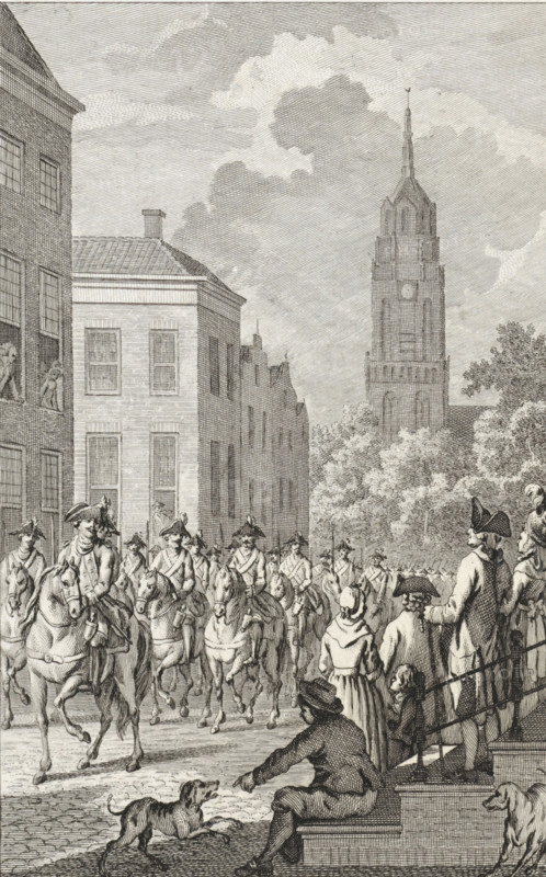 Deployment of soldiers in Amersfoort, 1785, print, historical print, By order of Prince William V and at the request of the Provincial States of Utrecht, the soldiers are deported, August 16, 1785. Soldiers on horseback march through a street in Amersfoort., printmaker: Reinier Vinkeles (I), Amsterdam, after drawing by Jacobus Buys, 1793, paper, etching, proof print, height 230 mm x width 155 mm, Used as illustration in: PA Loosjes. Vaderlandsche historie, vervattende de geschiedenissen, der Vereenigde Nederlanden, Ten onmiddelyken vervolge van Wagenaar's Vaderlandsche historie. Amsterdam: Johannes Allart, vol. 11, Patriot Period (1780-1795), Amersfoort, Period, 1785-08-16, A detailed black and white engraving shows a street scene with a column of uniformed mounted soldiers riding toward the left, their horses in motion and riders wearing tricorn hats and military coats; on the left a row of multistory brick buildings with tall windows and a smaller building with a pitched roof and chi...