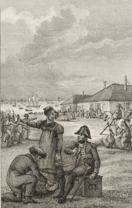 Anglo-Russian invasion, 1799, print, historical print, printmaker: Reinier Vinkeles (I), Amsterdam, 1807 - 1809, paper, etching, engraving, height 252 mm x width 165 mm, Used as illustration in: PA Loosjes. Vaderlandsche historie, vervattende de geschiedenissen, der Vereenigde Nederlanden, Ten onmiddelyken vervolge van Wagenaar's Vaderlandsche historie. Amsterdam: Johannes Allart, vol. 41., sailing-ship, sailing-boat, troop movements, transportation, departure, travelling, patriot (revolutionary) (variant), French period, Period, A detailed black and white engraving shows a shoreline scene with a cloudy sky above and a busy beach below. In the foreground a seated man in a military uniform and a bicorne hat leans on a cane while another man kneels beside a barrel, handling a smaller container. A woman stands nearby holding a pail, wearing a long dress and a bonnet. Behind them a row of soldiers advance with spears or pikes, and groups of people gather and move along the sand. Further ba...