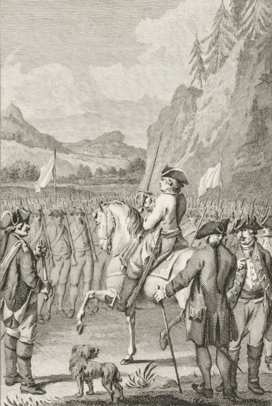 Outdoor meeting in Switzerland, print, Outdoor People's Assembly in Switzerland., printmaker: Reinier Vinkeles (I), Amsterdam, after drawing by Jacobus Buys, 1786, Reinier Vinkeles (I), Jacobus Buys, printmaker, after drawing by, paper, etching, engraving, height 230 mm x width 150 mm, Later state print used as book illustration in: Martinet, Joannes Florentius. Historie der waereld. Amsterdam: Johannes Allart, 1780-1788. 25 volumes. volume VII, pl. IV., meeting, assembly - AA - in the open air, Switzerland, A monochrome engraved scene shows a group of uniformed soldiers standing in formation across a field with flags held aloft, while a mounted officer in a tricorne hat raises a sword and faces them; several other men in period clothing and tricorne hats stand nearby, one leaning on a staff and another gesturing, and a dog stands in the foreground looking toward the horse; a row of distant hills and trees stretches behind the troops, and a steep rocky cliff with tall slender trees ris...