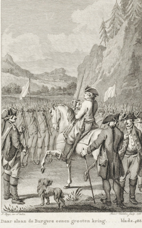 There the Citizens form a large circle, Outdoor assembly in Switzerland, print, book illustration, Outdoor People's Assembly in Switzerland. Top right: VII.D.Pl.IV. Bottom right: Page 488., printmaker: Reinier Vinkeles (I), Amsterdam, after drawing by Jacobus Buys, 1786, Reinier Vinkeles (I), Jacobus Buys, printmaker, after drawing by, paper, etching, engraving, etching and engraving, height 230 mm x width 150 mm, Print used as book illustration in: Martinet, Joannes Florentius. History of the World. Amsterdam: Johannes Allart, 1780-1788. 25 volumes. volume VII, pl. III., Person, Stanislaus Leszczynski (King of Poland), meeting, assembly - AA - in the open air, Switzerland, A detailed black and white engraved scene shows a group of men in historical military dress gathered in a landscape with distant hills and a sky filled with fine horizontal lines. In the foreground a mounted officer wearing a tricorn hat and holding a raised sword sits on a rearing horse while several men on foot in...