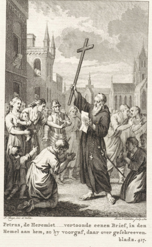 Peter of Amiens with letter and crucifix amidst a crowd, Peter the Hermit, print, book illustration, Peter of Amiens with letter and crucifix amidst a crowd in Amiens. Top right: III.D.Pl.IV. Bottom right: p. 417., printmaker: Reinier Vinkeles (I), Amsterdam, after drawing by Jacobus Buys, 1782, paper, etching, engraving, etching and engraving, height 230 mm x width 150 mm, Print used as book illustration in: Martinet, Joannes Florentius. Historie der waereld. Amsterdam: Johannes Allart, 1780-1788. 25 volumes. volume III, pl. IV., Person, Peter of Amiens, crucifix, personal devotion, letter, envelope, Amiens, A detailed black and white engraving shows a bearded man in a long robe standing in the center holding a tall cross aloft in one hand and a sheet of paper in the other, a rosary with a cross hanging from his waist and a staff at his side; he faces a crowd of variously dressed people who display pleading and attentive gestures, including a kneeling figure with clasped hands in the ...