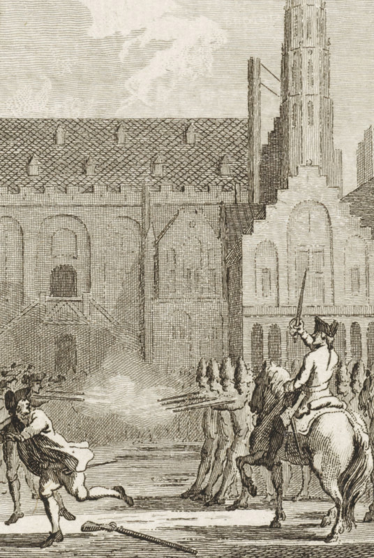 Militia fires on the rioters in Haarlem, 1750, print, historical print, Militia opens fire on the rebellious citizens in front of the town hall on the Grote Markt in Haarlem during the Farmers' Revolt, January 1750., printmaker: Reinier Vinkeles (I), Amsterdam, printmaker: Cornelis Bogerts, after drawing by Jacobus Buys, 1783 - 1795, Reinier Vinkeles (I), Cornelis Bogerts, Jacobus Buys, printmaker, after drawing by, paper, etching, proof, height 160 mm x width 100 mm, Illustration for: J. Fokke. Histories of the United Netherlands for the Fatherland's Youth. Amsterdam: Johannes Allart, 1783-1795, 25 volumes. Volume XI plate. XI. Incorrectly described by Muller as: Confrontation between civilian patrol and military patrol in Arnhem, 1784., anti-riot measures, Tenant Farmers' Revolt (1747-1750), Haarlem, Town Hall (Haarlem), Period, 1750-01, A detailed etched scene showing a large stone building with arched windows and a tiled roof, a tall vertical tower rising beside it, and decorative ...