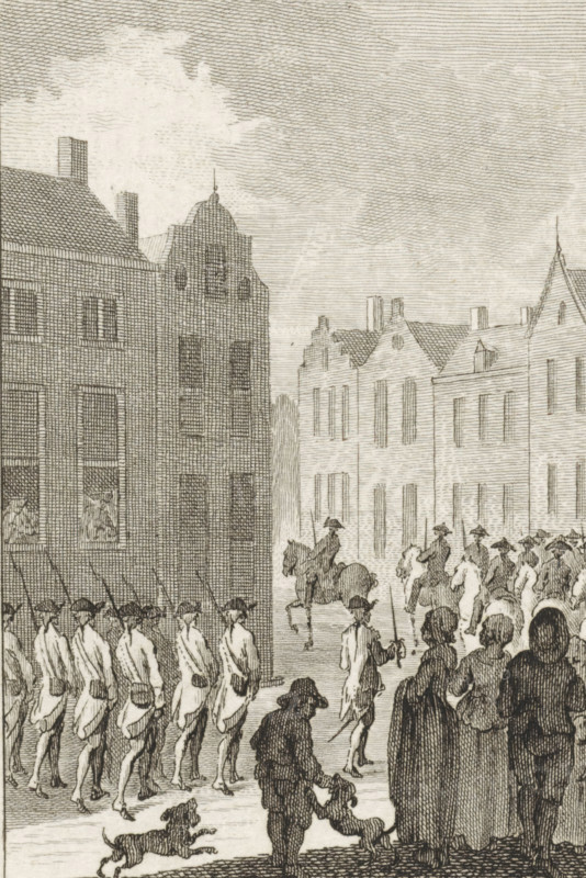 Deployment of troops in Amersfoort, 1785, print, historical print, By order of Prince William V and at the request of the Provincial States of Utrecht, the troops are deported, August 16, 1785. Mounted soldiers and foot soldiers march through a street in Amersfoort., printmaker: Reinier Vinkeles (I), Amsterdam, printmaker: Cornelis Bogerts, after drawing by Jacobus Buys, 1783 - 1795, paper, etching, proof, height 160 mm x width 100 mm, Illustration for: J. Fokke. Histories of the United Netherlands for the fatherland's youth. Amsterdam: Johannes Allart, 1783-1795, 25 volumes. Volume XV, Patriot Period (1780-1795), Amersfoort, Period, 1785-08-16, A detailed monochrome engraving shows a street scene with tall narrow buildings lining both sides, featuring pitched and stepped roofs, multiple windows, and textured brickwork. A formation of uniformed figures marches along the left side carrying long poles, while on the right a group of mounted riders and more people stand or walk, some weari...