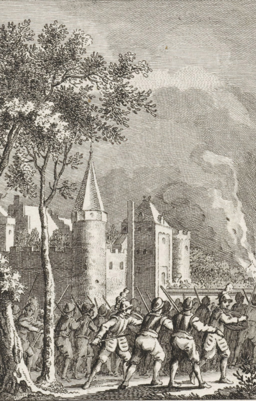 The castle at Muiden besieged by the Gelders, 1508, print, historical print, Muiderslot besieged by the Gelders, 1508. Gelderse soldiers storm the castle at Muiden., printmaker: Reinier Vinkeles (I), Northern Netherlands, printmaker: Cornelis Bogerts, after drawing by Jacobus Buys, 1755 - 1816, paper, etching, engraving, etching and engraving, height 0 mm x width 0 mm, Illustration for: J. Fokke, Geschiedenissen der Vereenigde Nederlanden voor de vaderlandsche jeugd, Johannes Allart, Amsterdam 1783-1795, 25 volumes, vol. III, pl. IV. Stands before the letter., siege, position war, Gelderland wars, Muiden, Muiderslot, Period, A detailed black and white engraving shows a group of armed soldiers in period clothing advancing with pikes and muskets in the foreground, their backs and profiles visible as they move toward a fortified castle in the middle ground; the castle features round towers with conical roofs, crenelated walls, narrow windows, and a gate, while tall trees with dense, finel...
