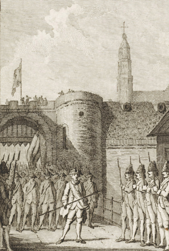 Exodus of the garrison from Maastricht, 1748, print, historical print, The exodus with full military honors of the Dutch garrison under Baron van Aylva, after the capitulation of the city of Maastricht to the French, May 10, 1748., printmaker: Reinier Vinkeles (I), Amsterdam, printmaker: Cornelis Bogerts, after drawing by Jacobus Buys, 1783 - 1795, paper, etching, proof, height 160 mm x width 100 mm, Illustration for: J. Fokke. Histories of the United Netherlands for the patriotic youth. Amsterdam: Johannes Allart, 1783-1795, 25 volumes. Volume XI pl. V., retreat of the defeated, Invangen van Maastricht (1748), Maastricht, Period, 1748-05-10, A detailed monochrome engraving shows a stone gateway and rounded tower beside a roofed building, with a tall spire rising behind them; a flag flies from a pole on the ramparts where small groups of figures stand; below, two columns of soldiers face each other, dressed in period uniforms with plumed hats and holding long spears, while a man in fro...