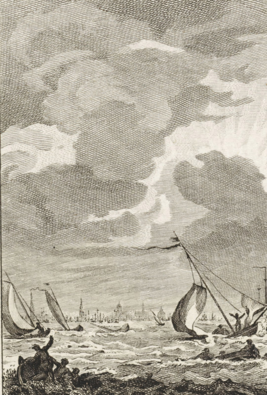 Severe storm on the IJ, July 13, 1788, print, Storm on the IJ on July 13, 1788. Boats in distress on the water, in the distance the profile of Amsterdam., printmaker: Reinier Vinkeles (I), Northern Netherlands, printmaker: Cornelis Bogerts, after drawing by Jacobus Buys, 1788 - 1795, paper, etching, engraving, etching and engraving, proof print before the letter, height 0 mm x width 0 mm, Used as illustration in: J. Fokke, Geschiedenissen der Vereenigde Nederlanden voor de vaderlandsche jeugd, Johannes Allart, Amsterdam 1783-1795, 25 parts, vol. 21, pl. 1., storm, Amsterdam, IJ, Period, 1788-07-13, A grayscale etching showing a dramatic sky filled with large, textured clouds above a busy coastal scene with rough water and several sailing boats with billowing sails; a distant shoreline with clustered buildings and spires is visible on the horizon, while figures in and near the water and on the rocky shore appear in the foreground, and the composition is detailed with fine linework and c...