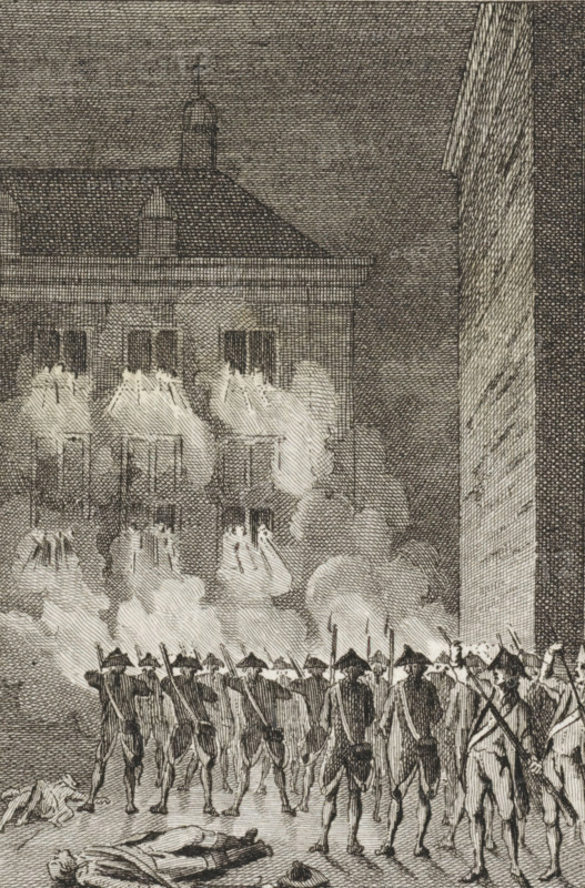 Attack on Soestdijk, 1787, print, historical print, The Palace at Soestdijk attacked by patriots from Utrecht but defended by a detachment of German troops, July 27, 1787. In the foreground the body of the shot soldier Christoffel Pullman., printmaker: Reinier Vinkeles (I), Amsterdam, printmaker: Cornelis Bogerts, after drawing by Jacobus Buys, 1783 - 1795, paper, etching, proof, height 160 mm x width 100 mm, Illustration for: J. Fokke. Histories of the United Netherlands for the National Youth. Amsterdam: Johannes Allart, 1783-1795, 25 volumes. Volume XVIII, plate VI., Person, Christoffel Pullmann, festivities on events of national importance (eating and drinking, festive activities), (military) attack (citizen soldiery, civil guard, citizen militia), Patriot Era (1780-1795), Soestdijk Palace, Soestdijk, Period, 1787-07-27, A group of uniformed soldiers seen from behind stand in formation holding long rifles with bayonets, their hats forming a dark row, while plumes of smoke and flash...