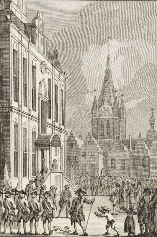 Remotion in Delft, 1787, print, historical print, View of the town hall in Delft occupied by patriots demanding the replacement of the eleven council members, August 21, 1787., printmaker: Reinier Vinkeles (I), Amsterdam, printmaker: Cornelis Bogerts, after drawing by Jacobus Buys, 1783 - 1795, paper, etching, proof, height 160 mm x width 100 mm, Illustration for: J. Fokke. Histories of the United Netherlands for the National Youth. Amsterdam: Johannes Allart, 1783-1795, 25 volumes. part XVIII pl. IX., occupation, war (citizen soldiery, civil guard, citizen militia), Patriot Era (1780-1795), Delft, City Hall (Delft), Period, 1787-08-21, A detailed black-and-white engraving shows a street scene with a large multi-story building on the left featuring tall windows, decorative stonework, and an arched entrance with a small portico and steps where a few figures stand; in front of the building and extending into the foreground a formation of uniformed soldiers or guards march or stand in ran...