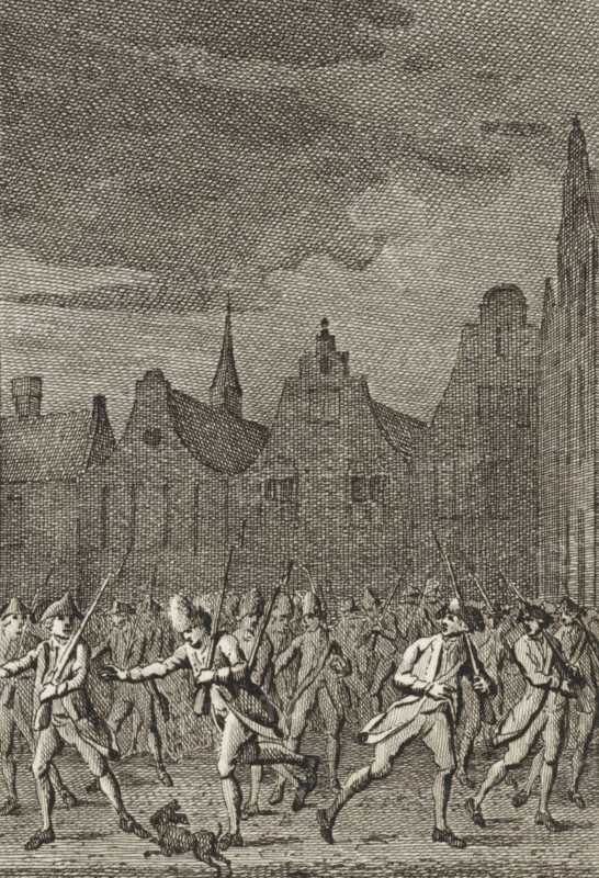 Patriots leaving Utrecht, 1787, print, Exodus of patriots from Utrecht, on the night of September 15 to 16, upon the approach of the Prussian troops., printmaker: Reinier Vinkeles (I), Amsterdam, printmaker: Cornelis Bogerts, after drawing by Jacobus Buys, 1783 - 1795, paper, etching, proof print, height 160 mm x width 100 mm, Illustration for: J. Fokke. Histories of the United Netherlands for the Fatherland's Youth. Amsterdam: Johannes Allart, 1783-1795, 25 volumes. part XIX pl. V., putting the enemy to flight - HH - being put to flight, fleeing (citizen soldiery, civil guard, citizen militia), Patriots flee Utrecht, Utrecht, Period, 1787-09-15 - 1787-09-16, A densely crosshatched ink scene showing a row of tall, pointed and gabled buildings filling the middle distance beneath a heavily textured sky, with a street crowded in the foreground by numerous uniformed figures in motion holding long, thin poles. The figures wear knee-length coats and breeches and are depicted in active runnin...