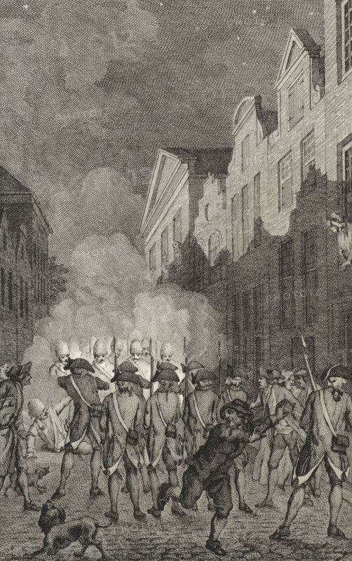Confrontation between civilian patrol and military patrol in Arnhem, 1784, print, historical print, A confrontation between a civilian patrol and a military patrol in the Turfstraat in Arnhem, August 2, 1784. Riots in connection with the cemetery issue in Arnhem., printmaker: Reinier Vinkeles (I), Amsterdam, after drawing by Jacobus Buys, 1788 - 1790, paper, etching, engraving, height 230 mm x width 155 mm, Used as illustration in: PA Loosjes. Vaderlandsche historie, vervattende de geschiedenissen, der Vereenigde Nederlanden, Ten onmiddelyken vervolge van Wagenaar's Vaderlandsche historie. Amsterdam: Johannes Allart, vol. 3, 1790., warfare, military affairs (citizen soldiery, civil guard, citizen militia), Patriot time (1780-1795), Arnhem, Period, 1784-08-02, A densely crosshatched street scene in monochrome showing a group of uniformed soldiers with cocked hats and muskets standing with their backs to the viewer, facing a cloud of smoke from which helmeted figures with tall plumes eme...