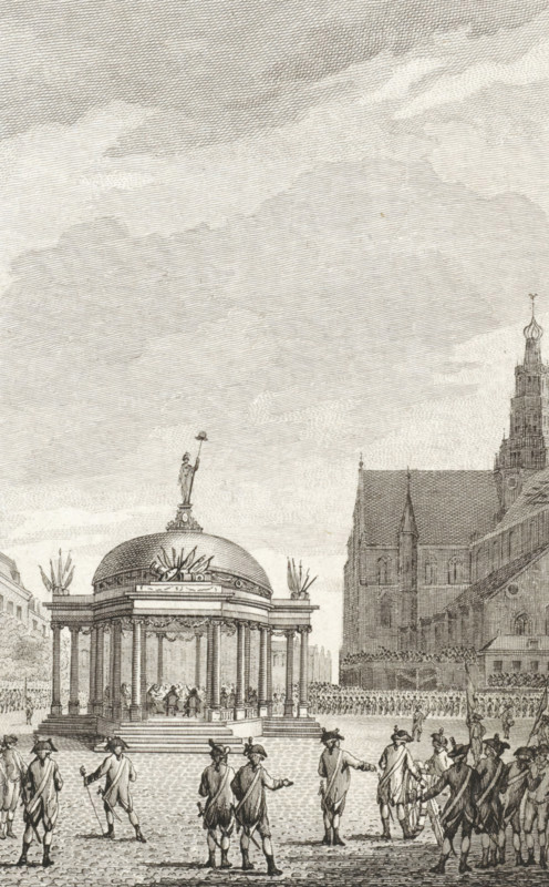 Swearing-in of the government regulations in Haarlem, 1787, print, historical print, Solemn ceremony with the swearing-in of the new government regulations in a temple erected on the Grote Markt in Haarlem, September 5, 1787. Militias are lined up around the square., printmaker: Reinier Vinkeles (I), Amsterdam, after drawing by Jacobus Buys, 1795, paper, etching, engraving, height 231 mm x width 154 mm, Used as an illustration in: PA Loosjes. Vaderlandsche historie, vervattende de geschiedenissen, der Vereenigde Nederlanden, Ten onmiddelyken vervolge van Wagenaar's Vaderlandsche historie. Amsterdam: Johannes Allart, vol. 15., warfare, military affairs (citizen soldiery, civil guard, citizen militia), proclamation of new government, Patriot Era (1780-1795), Haarlem, St. Bavo Church (Haarlem), Grote Markt (Haarlem), Period, 1787-09-05, A detailed monochrome engraving showing a domed pavilion with columns and steps, a statue atop the dome holding a raised object, decorative elements on th...