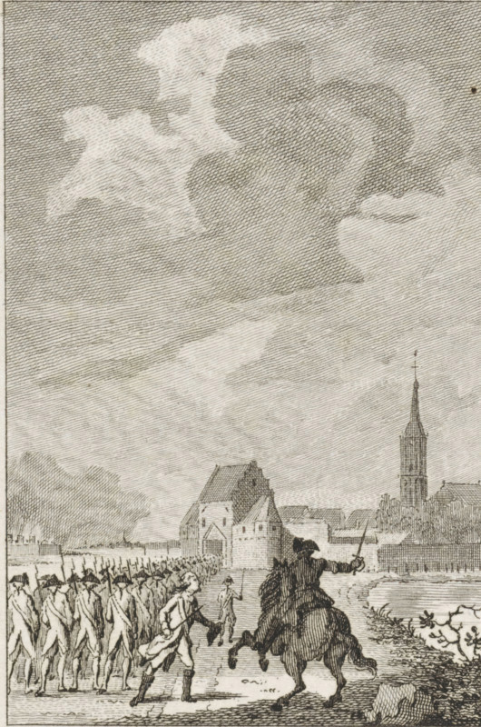 Capture of Hattem, 1786, print, historical print, Capture of the city of Hattem by the Stadholder's troops under Major General J.C. Spengler on September 6, 1786., printmaker: Reinier Vinkeles (I), Amsterdam, printmaker: Cornelis Bogerts, after drawing by Jacobus Buys, 1783 - 1795, Reinier Vinkeles (I), Cornelis Bogerts, Jacobus Buys, printmaker, after drawing by, paper, etching, proof, height 160 mm x width 100 mm, Illustration for: J. Fokke. Histories of the United Netherlands for the Fatherland's Youth. Amsterdam: Johannes Allart, 1783-1795, 25 volumes. Volume XVI pl. XI., capture of city (after the siege), Attack on Hattem and Elburg, Hattem, Period, 1786-09-06, A detailed monochrome engraving shows a large sky filled with textured clouds above a townscape with a tall steepled church and clustered buildings, a riverside or moat curving at the right edge, and a fortified gatehouse near the center. In the foreground a mounted figure with a cloak and raised arm holds a sword while fac...