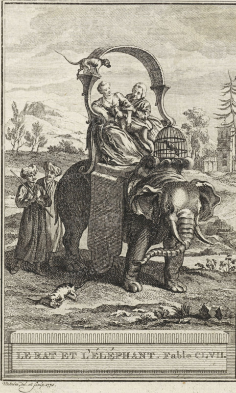 The Elephant and the Rat, Le Rat et l'Eléphant. Fable CLVII., print, An elephant carries two people and a birdcage on its back. Diagonally in front of the elephant, a cat attacks a rat. Illustration of Fable CLVII Le Rat et l'Eléphant., printmaker: Reinier Vinkeles (I), Amsterdam, 1772, paper, etching, height 215 mm x width 124 mm, Print probably used as an illustration in one or more editions of: La Fontaine, Jean de. Fables choisies. Amsterdam: J. van Gulik, 1802., cat, trunked animals: elephant, rodents: rat, An engraved scene shows a large elephant walking toward the viewer with a carved howdah on its back carrying two seated figures, one leaning against the other and both wearing flowing garments; a decorative arch rises from the howdah with a small animal perched on top and a birdcage beside the seated pair; two robed men stand beside the elephant holding a long staff and looking toward the animal; in the foreground a small rodent is on the ground amid textured terrain and scatte...