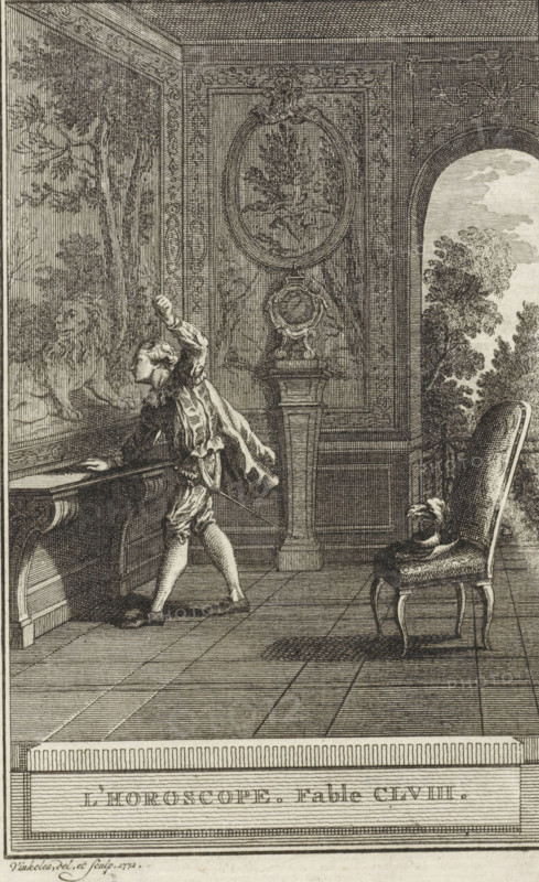 Horoscope, L'Horoscope. Fable CLVIII., print, A young man clenches his fist at the painting of a lion. Illustration of Fable CLVIII, L'Horoscope., printmaker: Reinier Vinkeles (I), Amsterdam, 1772, paper, etching, height 214 mm x width 127 mm, Print probably used as an illustration in one or more editions of: La Fontaine, Jean de. Fables choisies. Amsterdam: J. van Gulik, 1802., picture, painting, beasts of prey, predatory animals: lion, arm raised, with fist, An interior scene rendered in fine line work shows a man in period clothing leaning forward with one hand on a table and the other raised, his body angled toward a large wall panel depicting a tree and a lion; the man wears a coat with flowing tails, knee-length breeches, stockings, and shoes, and a sword hangs at his side. The room features ornate wall paneling with decorative molding and framed ovals, a pedestal topped with an ornamental object, and a tall arched opening revealing trees and sky outside. A cushioned chair with c...