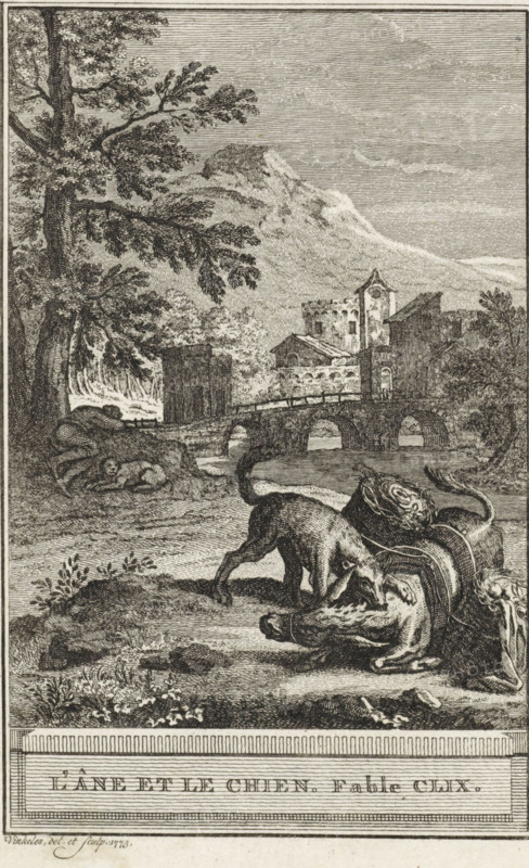 The Donkey and the Dog. Fable CLIX, The Dog and the Donkey, print, A dog bites a donkey in the neck. In the background a river and a small village. Illustration of Fable CLIX, The Donkey and the Dog., printmaker: Reinier Vinkeles (I), Amsterdam, 1773, paper, etching, height 215 mm x width 124 mm, Print probably used as an illustration in one or more editions of: La Fontaine, Jean de. Fables choisies. Amsterdam: J. van Gulik, 1802., dog, river, ass, donkey, A detailed monochrome engraving shows a rural scene with a large tree on the left foreground, its branches and leaves spreading across the upper left. A reclining human figure rests on a rock or grassy mound near the left center, with another smaller figure or animal curled nearby. In the middle distance a stone bridge with multiple arches spans a body of water, partially obscuring buildings and a tower with architectural details behind it. Rolling hills or a mountain rise in the background beneath a lined sky. In the right foregroun...