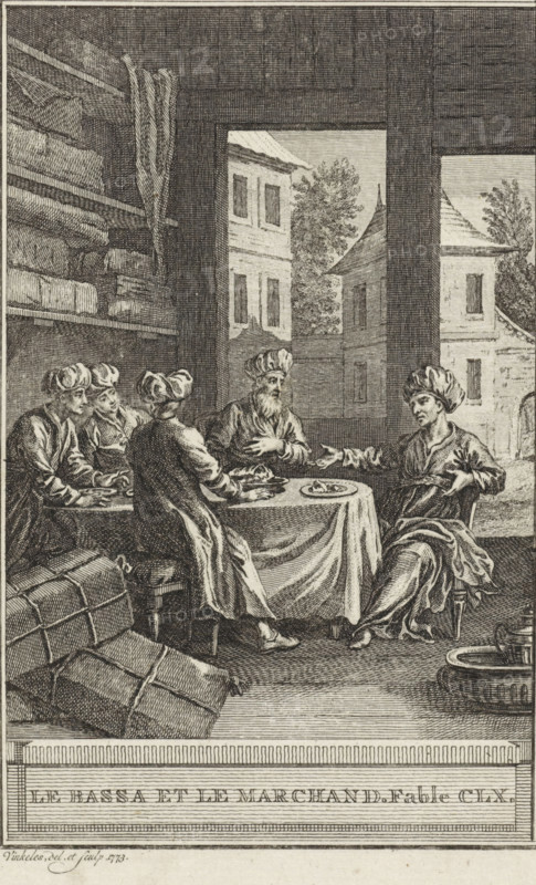 Le Bassa et le Marchand, The merchant and his guard, print, A few men are having a meal together. Illustration of Fable CLX, Le Bassa et le Marchand., printmaker: Reinier Vinkeles (I), Amsterdam, 1773, paper, etching, height 216 mm x width 123 mm, Print probably used as an illustration in one or more editions of: La Fontaine, Jean de. Fables choisies. Amsterdam: J. van Gulik, 1802., merchant, salesman, head-gear: turban, evening meal, dinner, supper, A monochrome engraved scene shows an interior with a table covered by a draped cloth and surrounded by five seated figures wearing turbans and robes; one figure gestures with an arm extended toward another while a bearded figure sits opposite with a hand on his chest, and the others are engaged around the table where plates and a loaf are visible. Shelving with stacked packages and bundles occupies the left side, and large tied bales rest on the floor in the foreground. A wide open doorway or window behind the group reveals exterior buildi...