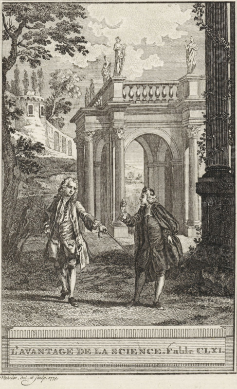 The Advantage of Science. Fable CLXI, The Usefulness of Science, print, Two men in conversation in a garden. Illustration of Fable CLXI, The Advantage of Science., printmaker: Reinier Vinkeles (I), Amsterdam, 1773, paper, etching, height 216 mm x width 122 mm, Print probably used as an illustration in one or more editions of: La Fontaine, Jean de. Fables choisies. Amsterdam: J. van Gulik, 1802., garden, conversation, dialogue, conversation piece, column, pillar, architecture, A detailed black and white engraving shows two men standing outdoors in front of a classical stone pavilion with columns, arches, and a balustraded terrace topped by several statues. Both men wear long coats, knee-length breeches, and stockings; one holds a slender sword that points toward the other, who gestures with an upraised hand while holding a glove or small object. To the left a hillside with trees and a small turreted building slopes upward, while a large tree branch extends across the upper left. To the ...