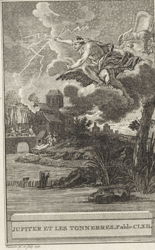 Jupiter and the thunder, Jupiter et les Tonnerres. Fable CLXII., print, From a cloud formation Jupiter hurls a number of lightning bolts at the earth. Illustration of Fable CLXII, Jupiter et les Tonnerres., printmaker: Reinier Vinkeles (I), Amsterdam, 1773, paper, etching, height 214 mm x width 124 mm, Print probably used as an illustration in one or more editions of: La Fontaine, Jean de. Fables choisies. Amsterdam: J. van Gulik, 1802., landscapes, river, (story of) Jupiter (Zeus), attributes of Jupiter: thunderbolt, A monochrome engraved scene shows a muscular seated figure on a cloud, reaching outward with one arm while holding jagged bolts in the other, a draped cloth over the figure and an eagle beneath. Behind the figure is a chariot wheel and more billowing clouds. Below, a riverside landscape features a bridge with human figures on and near it, buildings with towers and rooftops, clusters of trees, and distant structures on the horizon. In the foreground, reeds and rocks line a...