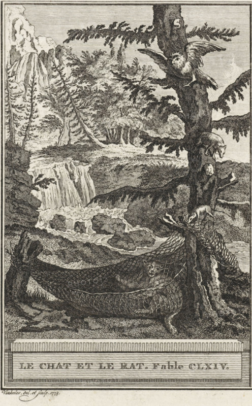 The Cat and the Rat. Fable CLXIV, The cat, the rat, the owl and the weasel, print, The owl and the weasel watch as the rat gnaws open the net in which the cat is trapped. Illustration of Fable CLXIV, The Cat and the Rat., printmaker: Reinier Vinkeles (I), Amsterdam, 1773, paper, etching, height 215 mm x width 120 mm, Print probably used as an illustration in one or more editions of: La Fontaine, Jean de. Fables choisies. Amsterdam: J. van Gulik, 1802., cat, owls, rodents: rat, beasts of prey, predatory animals: weasel, A detailed monochrome engraving shows a wooded landscape with a waterfall flowing into a rocky stream, trees with textured bark and spreading branches, and dense foliage in the background. A tall tree in the foreground has a hammock or net draped from its lower trunk, within which an animal with pointed ears and a visible face lies. On the tree trunk above the hammock another small animal clings near a broken branch, and a third small animal is positioned higher on the t...