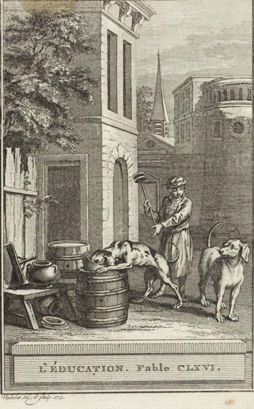 Education. Fable CLXVI., Education, print, Man and two dogs in a courtyard. The man seems to want to make something clear to one of the dogs by pointing his hand at the other dog. Illustration of Fable CLXVI, L'éducation., printmaker: Reinier Vinkeles (I), Amsterdam, 1773, Reinier Vinkeles (I), printmaker, paper, etching, height 215 mm x width 124 mm, Print probably used as an illustration in one or more editions of: La Fontaine, Jean de. Fables choisies. Amsterdam: J. van Gulik, 1802., dog, education, index finger forwards, pointing, indicating, A monochrome engraved scene shows a narrow street or courtyard flanked by tall buildings with arched and rectangular openings and a distant church steeple rising above rooftops; a leafy tree occupies the left edge beside a wooden fence and an open doorway. In the foreground a seated stool holds pottery and a low table, and a large barrel stands nearby with a dog leaning over it with its head inside a bowl; another dog stands alert to the right...