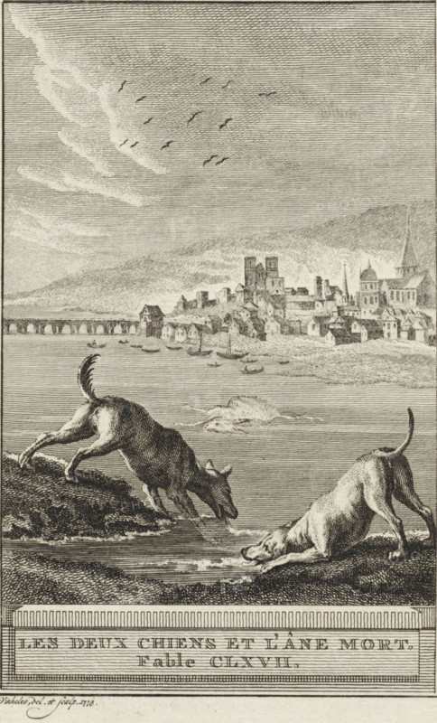The Two Dogs and the Dead Donkey. Fable CLXVII, The Dogs and the Donkey, print, Two dogs are drinking water from a river in which a dead donkey lies. A village is visible in the background. Illustration of Fable CLXVII, The Two Dogs and the Dead Donkey., printmaker: Reinier Vinkeles (I), Amsterdam, 1773, paper, etching, height 215 mm x width 126 mm, Print probably used as an illustration in one or more editions of: La Fontaine, Jean de. Fables choisies. Amsterdam: J. van Gulik, 1802., dog, river, ass, donkey, village, A detailed monochrome engraving shows a waterfront scene with two dogs in the foreground near the water’s edge, one dog leaning down to drink and the other stepping down a slope toward the water, both with visible muscle and fur texture. Behind them a body of water extends toward a distant town made up of clustered buildings, towers, and spires set against rolling hills, with small boats floating on the water near the shore. A long arched bridge spans part of the water to...