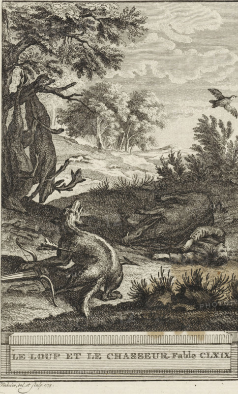 The Wolf and the Hunter. Fable CLXIX, The Hunter and the Wolf, print, At the edge of a forest lies a hunter under a dead wild boar. Next to him stands a wolf with a bow in its paws and an arrow between its ribs. Illustration of Fable CLXIX, The Wolf and the Hunter., printmaker: Reinier Vinkeles (I), Amsterdam, 1773, paper, etching, height 215 mm x width 126 mm, Print probably used as an illustration in one or more editions of: La Fontaine, Jean de. Fables choisies. Amsterdam: J. van Gulik, 1802., boar (male pig), archer's weapons: bow and arrow, hunter, beasts of prey, predatory animals: wolf, A detailed black and white engraving shows a wooded landscape with a large twisted tree on the left and a stand of leafy trees in the middle distance under a sky with subtle cloud lines. In the foreground a dog sits with its head raised and body turned, an arrow protruding from its side, near a broken bow lying on the ground. Beside the dog a man lies face up with an arm extended, his clothing re...