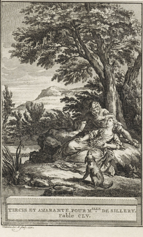Tircis et Amarante, pour M . elle de Sillery. Fable CLV, Tircis en Amarante, print, In the shade of a tree at the edge of a brook sits a young couple. In front of them sits a dog. Illustration of Fable CLV, pour M . elle de Sillery., printmaker: Reinier Vinkeles (I), Amsterdam, 1772, paper, etching, height 214 mm x width 126 mm, Print probably used as an illustration in one or more editions of: La Fontaine, Jean de. Fables choisies. Amsterdam: J. van Gulik, 1802., dog, couple of lovers, trees, brook, A detailed black and white engraving shows a large tree with spreading branches and dense foliage dominating the upper right, its trunk textured with vertical lines. Beneath the tree a reclining woman in flowing drapery leans on a rock, her head tilted back and her arm extended, while a man behind her bends forward with one hand near his chest and the other resting on the rock. In front of them a dog sits on its haunches facing the pair. The foreground includes a grassy, rocky bank with cl...