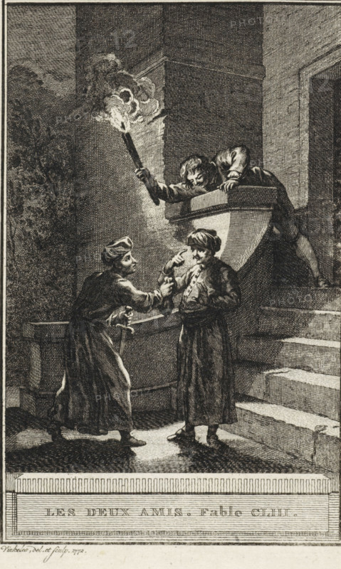 Les Deux Amis. Fable CLIII., Two friends, print, On the doorstep of a house, in the light of a torch, two men are having a conversation. One of the men holds a dagger and a money bag in his hand and the other man points his index finger at his own head. Illustration of Fable CLIII, Les Deux Amis., printmaker: Reinier Vinkeles (I), Amsterdam, 1772, paper, etching, height 215 mm x width 125 mm, Print probably used as an illustration in one or more editions of: La Fontaine, Jean de. Fables choisies. Amsterdam: J. van Gulik, 1802., head-gear: turban, torch, purse, money-bag, index finger forwards, pointing, indicating, A black and white etching showing three figures on a stone stair and balcony setting, with one figure leaning over a balustrade holding a large burning torch, the torch flame rendered with swirling lines, and two figures below standing on a landing, one facing the other while extending an arm and pointing, both wearing long garments and head coverings, the lower area showing...