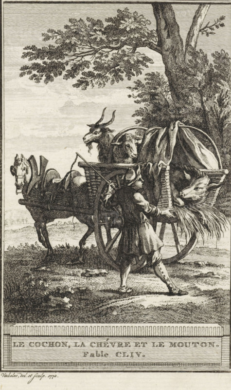A goat, a sheep and a pig, Le Cochon, la Chèvre et le Mouton. Fable CLIV., print, a sheep and a pig are being transported in a wagon, which is drawn by a horse. Next to the wagon stands a man with a whip. Illustration of Fable CLIV, la Chèvre et le Mouton., printmaker: Reinier Vinkeles (I), Amsterdam, 1772, paper, etching, height 216 mm x width 123 mm, Print probably used as an illustration in one or more editions of: La Fontaine, Jean de. Fables choisies. Amsterdam: J. van Gulik, 1802., goat, sheep, pig, two-wheeled vehicle drawn by one animal, An engraving shows a man standing beside a wooden cart with large spoked wheels, one hand holding a rein and the other resting on the cart rim; the cart contains three animals visible with heads protruding: a goat with curved horns and a beard, a sheep with a woolly face, and a pig with its head turned outward and straw around its snout. A horse in harness is attached to the cart and stands to the side, its head facing forward. A tree with text...