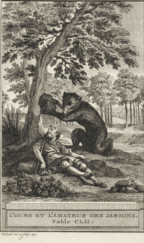 The Bear and the Gardener, L'Ours et L'Amateur des jardins. Fable CLII., print, A bear is about to drop a large stone on the head of a sleeping gardener. An insect, possibly a bee, flies above the gardener's head. Illustration of Fable CLII, L'Ours et L'Amateur des jardins., printmaker: Reinier Vinkeles (I), Amsterdam, 1772, Reinier Vinkeles (I), printmaker, paper, etching, height 215 mm x width 122 mm, Print probably used as an illustration in one or more editions of: La Fontaine, Jean de. Fables choisies. Amsterdam: J. van Gulik, 1802., gardening, beasts of prey, predatory animals: bear, sleeping on the ground - BB - out of doors, boulder, stone, A detailed black and white engraving shows a wooded landscape with a large, leafy tree dominating the left and upper center, its textured trunk and branches spreading across the scene and casting shade. Beneath the tree a man in simple clothing reclines on the ground, leaning back on one arm with a staff resting beside him; his head is tilte...