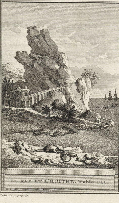 The Rat and the Oyster. Fable CLI., The Rat and the Oyster, print, At the waterline sits a rat with its head in an oyster. In the background two ships. Illustration of Fable CLI, The Rat and the Oyster., printmaker: Reinier Vinkeles (I), Amsterdam, 1773, paper, etching, height 215 mm x width 127 mm, Print probably used as an illustration in one or more editions of: La Fontaine, Jean de. Fables choisies. Amsterdam: J. van Gulik, 1802., sailing-ship, sailing-boat, rocky coast, sea, molluscs: oyster, A black and white engraved landscape showing a rocky coastal scene with a tall jagged cliff dominating the middle ground, a narrow arched bridge or aqueduct running along the cliff face toward a small round tower set among trees, a rocky shoreline with vegetation and clustered bushes below the cliff, a calm sea with a few sailing ships visible on the horizon to the right, and in the immediate foreground a small rodent near a cluster of shelllike objects on the sandy beach.