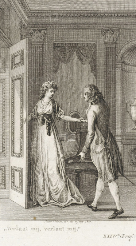 Woman holds the door open for a man, print, In a room, a woman holds the door open for a man. She hands the man a rolled-up letter., printmaker: Reinier Vinkeles (I), Amsterdam, 1800, paper, etching, engraving, etching and engraving, height 238 mm x width 156 mm, Illustration from: Richardson, Samuel. History of Karel Grandison. Amsterdam: Johannes Allart, 1797-1802., letter, envelope, open door, A black and white engraved scene shows an interior with two figures near an open door; a woman in a long flowing dress and a decorative stole stands with one hand on the door and the other extended toward a man, while the man, wearing a long coat and breeches, reaches toward her with one hand and gestures with the other. The room features ornate architectural details including fluted columns with decorative capitals, a draped curtain in a recessed wall, a chair with a rounded back, and a large urn on a pedestal. The floor has parallel lines indicating texture, and the door has rectangular pane...