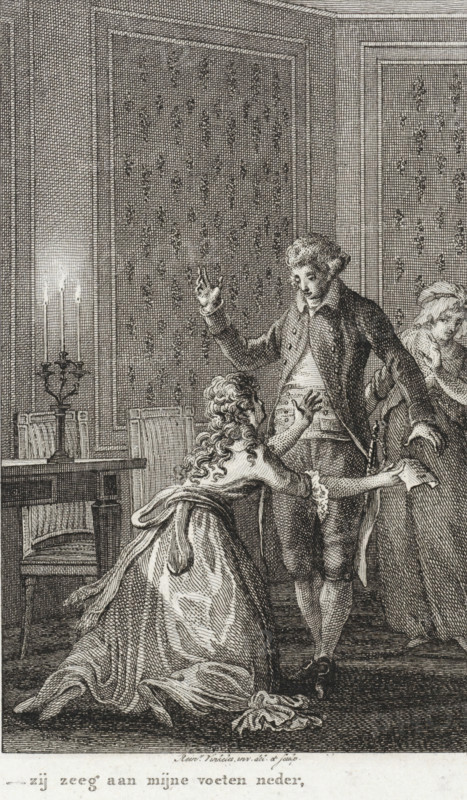 Woman with a letter kneels before a man, print, printmaker: Reinier Vinkeles (I), Amsterdam, 1802, paper, etching, engraving, etching and engraving, height 242 mm x width 160 mm, Illustration from: Richardson, Samuel. History of Clarissa Harlowe. Volume 5. Amsterdam: Johannes Allart, 1797-1805., kneeling figure, candle, letter, envelope, A detailed black and white engraving shows an interior scene with patterned wallpaper and wooden paneling. A candelabrum with lit candles stands on a table beside a chair. A woman in a long flowing dress with curled hair kneels and reaches upward, one hand touching a man's coat and the other pressed against his waist. The man stands wearing a buttoned coat, waistcoat, breeches, and stockings, with one hand raised and the other held slightly away from his side. Another woman partially visible stands behind the man, looking downward and wearing a gown with a head covering. The floor beneath them is shaded and textured, and folded fabric lies near the kne...