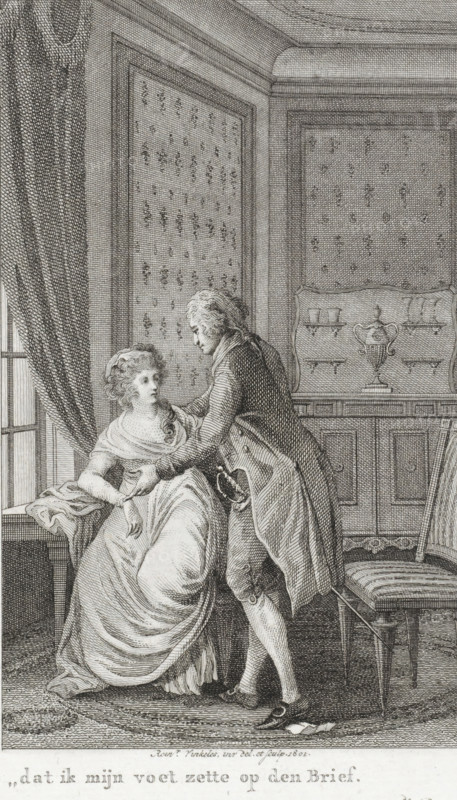 Man places his foot on a letter, print, In a room there are a man and a woman. The man places his foot on a letter and at the same time seeks rapprochement with the woman, who is sitting in a chair., printmaker: Reinier Vinkeles (I), Amsterdam, 1801, paper, etching, engraving, etching and engraving, height 239 mm x width 161 mm, Illustration from: Richardson, Samuel. History of Clarissa Harlowe. Volume 4. Amsterdam: Johannes Allart, 1797-1805., letter, envelope, (lovers) embracing each other, 'symplegma', A monochrome engraving shows an interior scene with a seated woman and a standing man near a window with heavy drapery. The woman wears a flowing dress and a cap, her body turned slightly toward the man while her hands rest in her lap and on the arm of the chair. The man leans toward her, one hand touching her shoulder and the other near her arm, wearing a long coat with decorative trim, breeches, and buckled shoes. Behind them a paneled wall features patterned wallpaper and a cabinet...