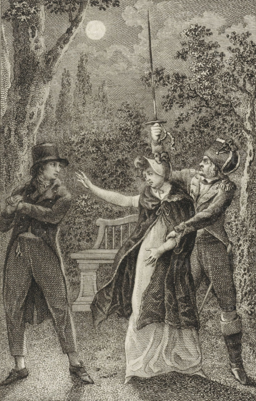 Woman being taken away from a man by a soldier, at night, print, printmaker: Reinier Vinkeles (I), Amsterdam, 1797 - 1811, paper, etching, engraving, etching and engraving, height 237 mm x width 157 mm, This print was also used as an illustration in: Magazijn van Geschiedenissen, romans en verhalen, 25 volumes. Rotterdam: Jan Meyer, 1790-1798 and Amsterdam: Johannes Allart, 1798-1811., forest, wood, soldiers and civilians, night, A monochrome engraved scene shows three people outdoors beneath trees and a visible round moon in a cloudy sky. A woman in the center wears a bonnet and a long dress with a cloak, one arm extended toward a man on the left while the other is held by a man on the right. The man on the right wears a uniform-like coat with epaulette details and a tall hat with decorative bands, and he raises a slender sword above the woman's head. The man on the left wears a top hat and a coat with his arms crossed, his body turned slightly away from the other two. Behind them is ...