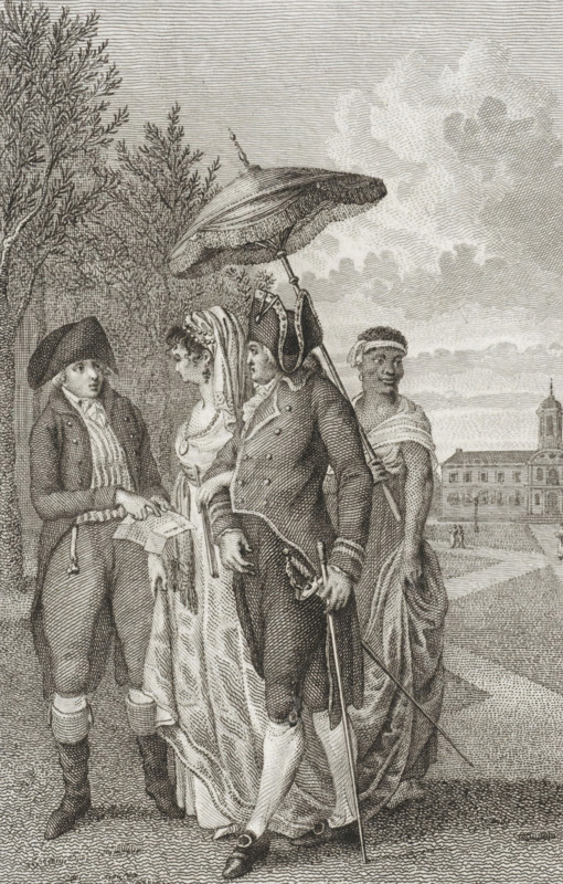 Jakob and Hidde have a conversation during a walk, print, During a walk, Jakob tells Hidde that he will return to his Fatherland. He shows him his father's letter. Hidde then takes two steps back. Illustration for the story Jakob ten Haaf., printmaker: Reinier Vinkeles (I), Amsterdam, 1804 - 1805, Reinier Vinkeles (I), printmaker, paper, etching, engraving, height 241 mm x width 160 mm, Proof print of illustration also used in: Loosjes, Adriaan Pietersz. Zedelijke Verhaalen. Haarlem: Adriaan Loosjes, 1804-1805. Second edition Haarlem: Adriaan Loosjes, 1815., garden, waving farewell, departure on a journey, conversation, dialogue, conversation piece, letter, envelope, A detailed black and white engraving shows a group of four people standing outdoors on a paved area with trees to the left and a large building with a tower in the distance to the right; a man on the left wears a tricorne hat and a coat and holds a folded paper while facing a woman beside him who wears a flowing dress with...