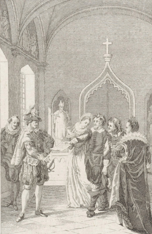 Jacob Simonsz de Rijk returns his letter of resignation to Cristóbal de Mondragón y Otalora, print, printmaker: Reinier Vinkeles (I), Amsterdam, 1774, paper, etching, proof print, height 204 mm x width 147 mm, Proof print of illustration for 'Jacob Simonszoon de Rijk' in: Winter-van Merken, LW van and NS van Winter. Tooneelpoëzy, Volume 1. Amsterdam: Pieter Meijer, 1774., Person, Jacob Simonsz de Rijk, Cristóbal de Mondragón y Otalora, Eighty Years' War, A monochrome engraved scene shows an interior with high vaulted arches and a decorative archway topped by a cross. In the foreground a group of figures in period clothing stand on a tiled floor; a woman in a long dress and ruffled collar leans forward, pointing at a document held by a man wearing a plumed hat and ornate doublet, while another man in similar attire stands beside them holding the document. Two other men and a woman in elaborate garments and ruffs stand nearby observing, and a robed figure with a staff is visible in a nic...