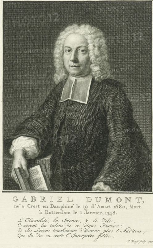 Portrait of Gabriel Dumont, print, minister of the Walloon Church in Rotterdam, with an open Bible in his hand. At the bottom in the margin a four-line verse in French., printmaker: Pieter Tanjé, Amsterdam, 1749, paper, engraving, etching, engraving and etching, height 173 mm x width 113 mm, Person, Gabriel Dumont, the Bible as a book, A monochrome engraved portrait of a man shown from the waist up, facing forward with his head slightly turned, wearing a dark robe with wide sleeves and a white square clerical collar; he has shoulder-length curly hair, a composed expression, and a hand resting on an open book positioned on a surface; the background is a finely hatched dark field and a narrow decorative border surrounds the image, with lines of printed text visible below the portrait.