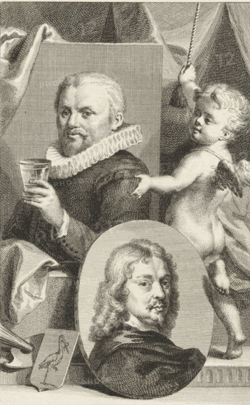 Portraits of Jan Antonisz. van Ravesteyn and Adriaen Hanneman, print, Portraits of the painters Jan Antonisz. van Ravesteyn and Adriaen Hanneman shown by a putto. Bottom left the coat of arms of The Hague, the city where the painters portrayed worked., after print by Pieter Tanjé, Amsterdam, after drawing by Aert Schouman, 1750 - 1800, Pieter Tanjé, printmaker, after print by, paper, etching, engraving, etching and engraving, height 155 mm x width 102 mm, Person, Adriaen Hanneman, Jan Antonisz van Ravesteyn, portrait, self-portrait of artist, cupids: 'amores', 'amoretti', 'putti', tools, implements of painter, A detailed black and white engraving shows a bearded man wearing a ruffled collar and dark clothing holding a drinking cup, a cherubic winged child to his side reaching toward him while grasping a rope, and a separate oval portrait of a younger man with wavy hair and a mustache placed in the foreground; draped fabrics and a small board with a bird sketch rest near the lower edge ...