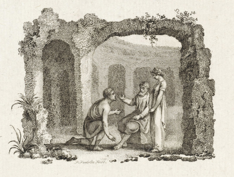 Three figures under the arch of a ruin, print, printmaker: Reinier Vinkeles (I), Amsterdam, 1751 - 1816, paper, etching, height 255 mm x width 159 mm, ruin of a building, architecture, kneeling figure, A detailed monochrome engraving shows a ruined stone archway with textured masonry and foliage growing on its surfaces, framing a shallow alcove with curved inner walls. Inside the alcove three human figures are depicted in classical dress: one figure is seated on a low stone, leaning slightly back with one hand raised and the other resting on the knee, another figure kneels on the ground facing the seated figure with an outstretched hand and a small bowl held near the seated figure, and a third figure stands beside the seated figure with a hand resting gently on the seated figure’s shoulder. The ground in front of the alcove is uneven with scattered small stones and patches of grass, and plants grow at the base of the ruined walls. The engraving uses fine lines and crosshatching to crea...